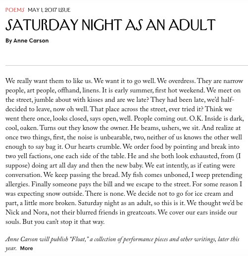 “Saturday Night as an Adult” by Anne Carson